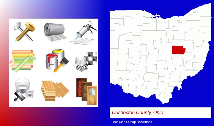 representative building materials; Coshocton County, Ohio highlighted in red on a map