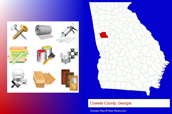 representative building materials; Coweta County, Georgia highlighted in red on a map