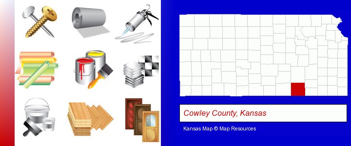 representative building materials; Cowley County, Kansas highlighted in red on a map
