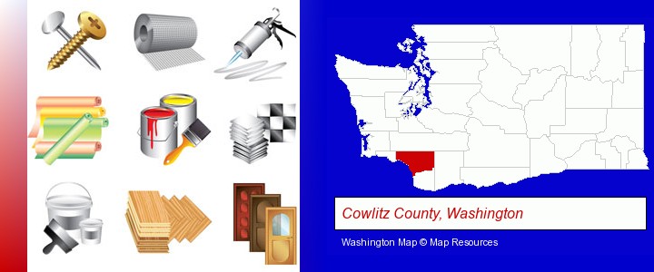 representative building materials; Cowlitz County, Washington highlighted in red on a map