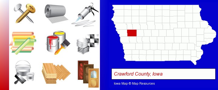 representative building materials; Crawford County, Iowa highlighted in red on a map