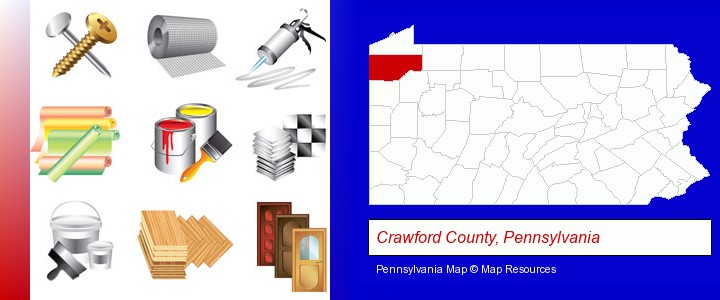 representative building materials; Crawford County, Pennsylvania highlighted in red on a map