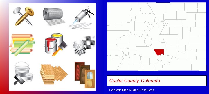 representative building materials; Custer County, Colorado highlighted in red on a map