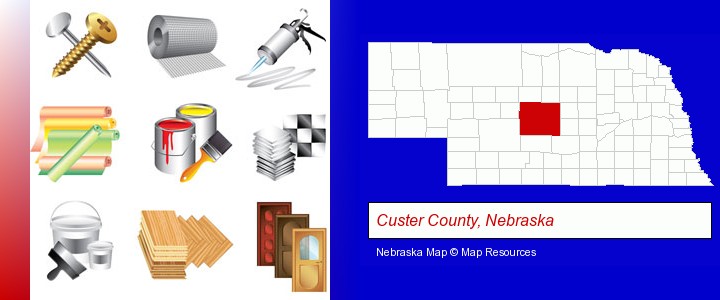 representative building materials; Custer County, Nebraska highlighted in red on a map