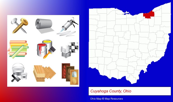 representative building materials; Cuyahoga County, Ohio highlighted in red on a map