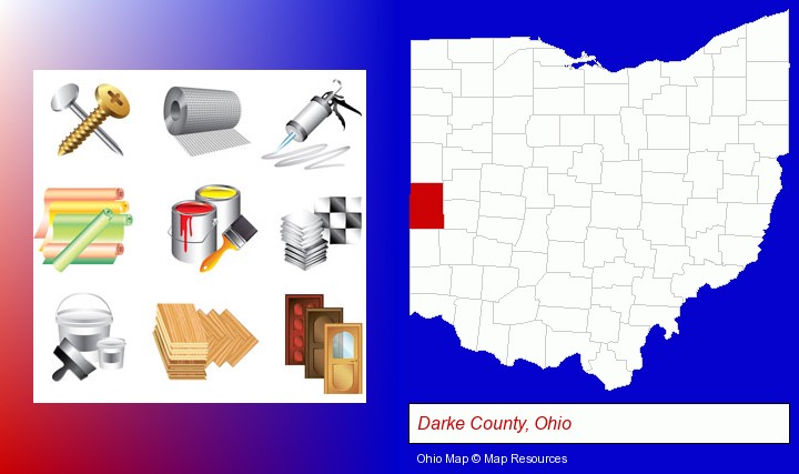 representative building materials; Darke County, Ohio highlighted in red on a map