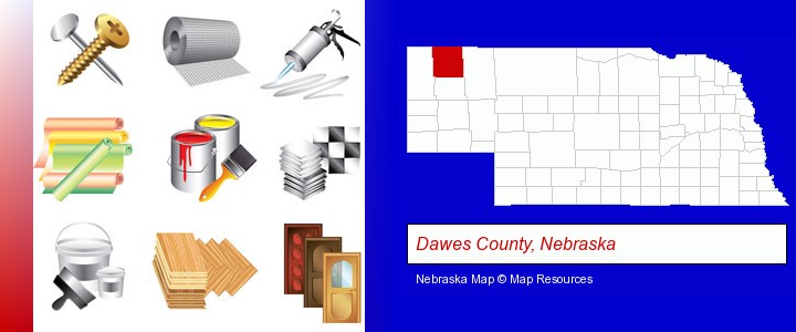 representative building materials; Dawes County, Nebraska highlighted in red on a map