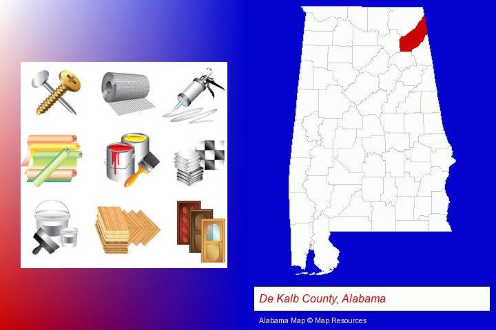 representative building materials; De Kalb County, Alabama highlighted in red on a map