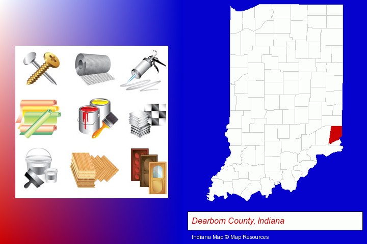 representative building materials; Dearborn County, Indiana highlighted in red on a map