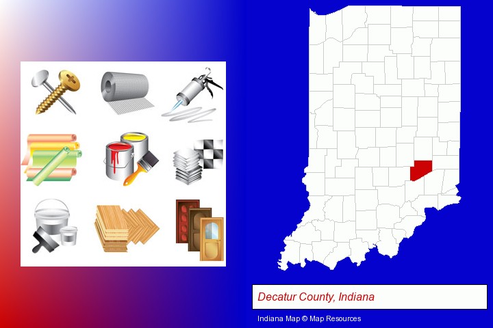 representative building materials; Decatur County, Indiana highlighted in red on a map