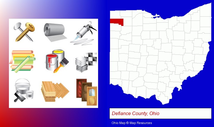 representative building materials; Defiance County, Ohio highlighted in red on a map