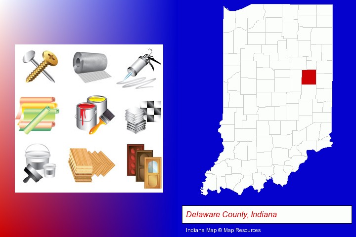 representative building materials; Delaware County, Indiana highlighted in red on a map