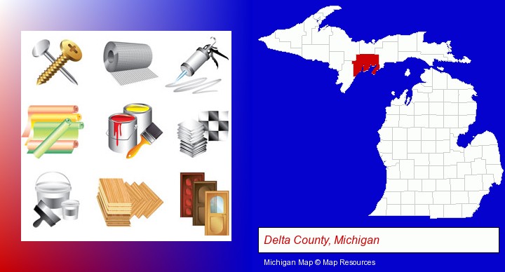 representative building materials; Delta County, Michigan highlighted in red on a map