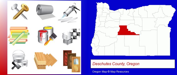 representative building materials; Deschutes County, Oregon highlighted in red on a map