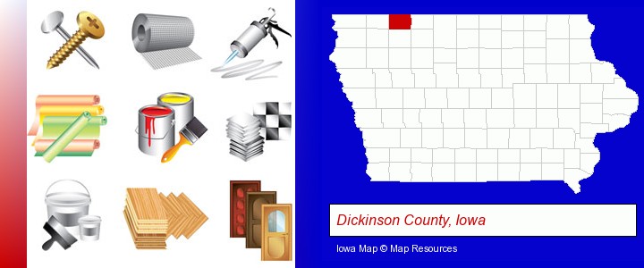 representative building materials; Dickinson County, Iowa highlighted in red on a map