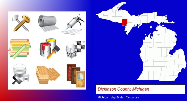representative building materials; Dickinson County, Michigan highlighted in red on a map