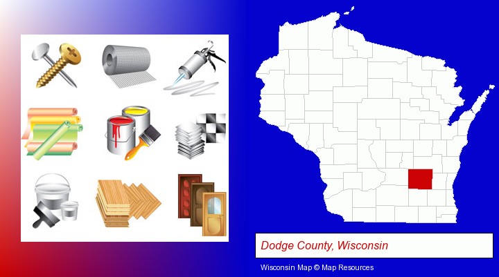 representative building materials; Dodge County, Wisconsin highlighted in red on a map
