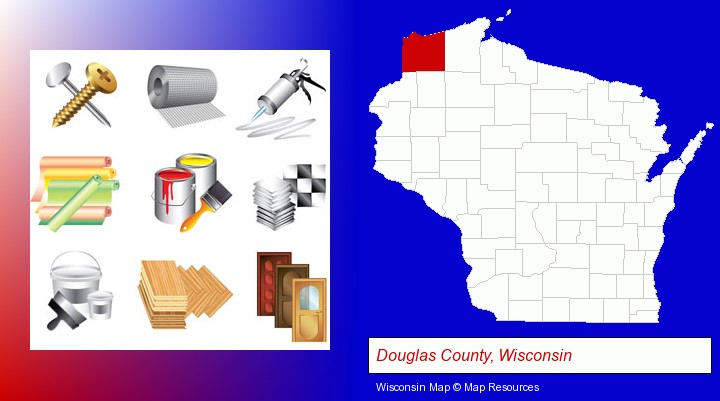 representative building materials; Douglas County, Wisconsin highlighted in red on a map