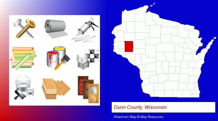 representative building materials; Dunn County, Wisconsin highlighted in red on a map