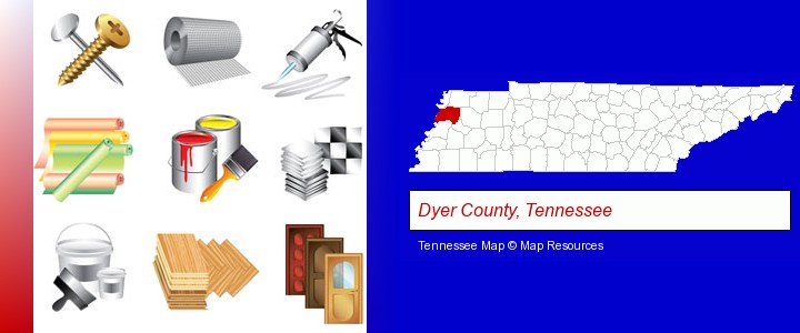 representative building materials; Dyer County, Tennessee highlighted in red on a map