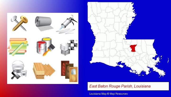 representative building materials; East Baton Rouge Parish, Louisiana highlighted in red on a map