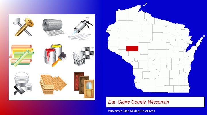 representative building materials; Eau Claire County, Wisconsin highlighted in red on a map