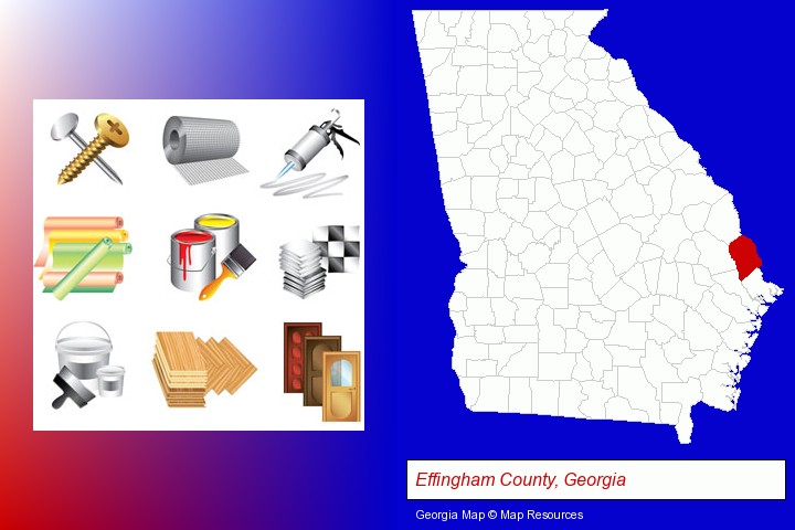 representative building materials; Effingham County, Georgia highlighted in red on a map