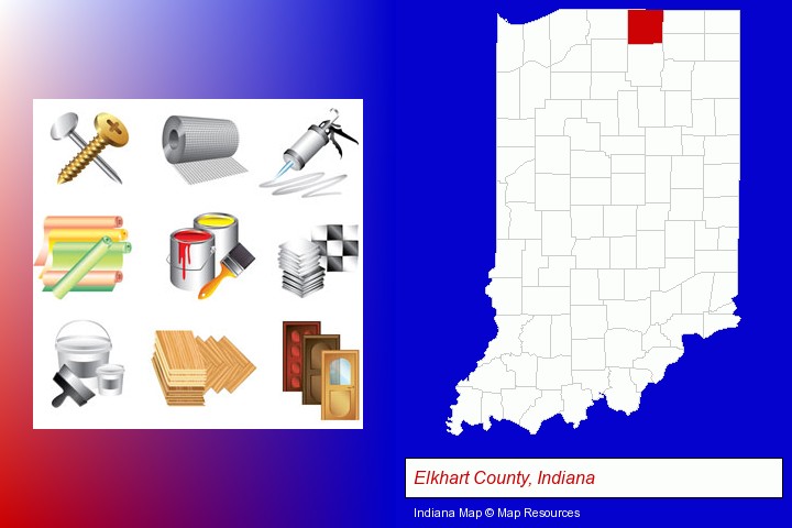 representative building materials; Elkhart County, Indiana highlighted in red on a map