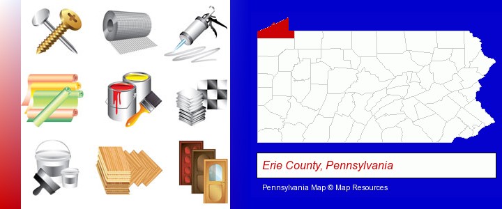representative building materials; Erie County, Pennsylvania highlighted in red on a map