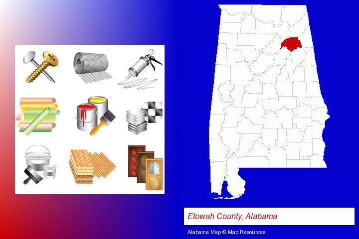 representative building materials; Etowah County, Alabama highlighted in red on a map