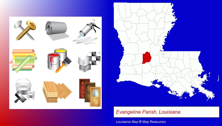 representative building materials; Evangeline Parish, Louisiana highlighted in red on a map