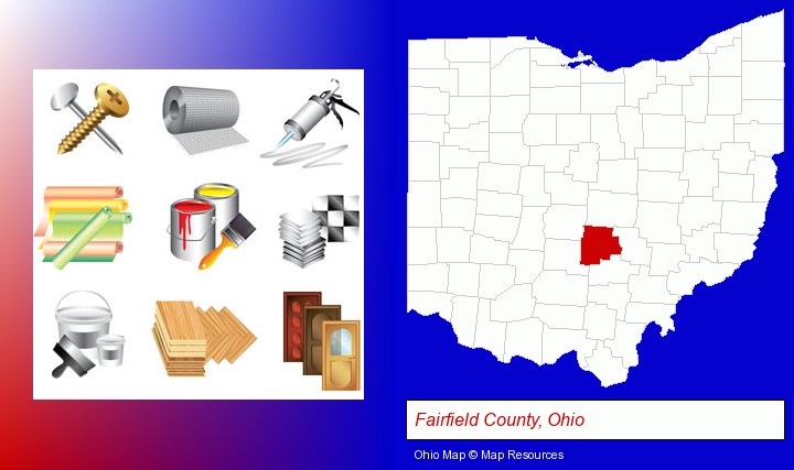 representative building materials; Fairfield County, Ohio highlighted in red on a map