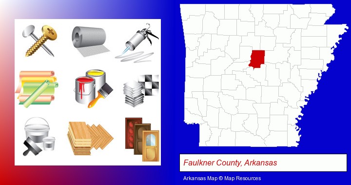 representative building materials; Faulkner County, Arkansas highlighted in red on a map