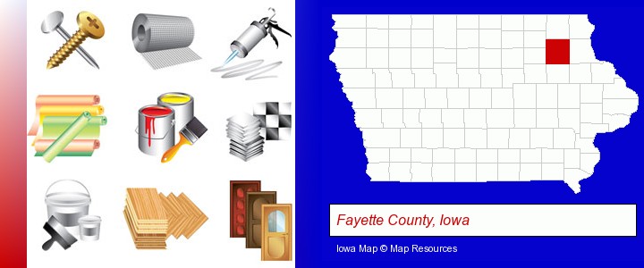 representative building materials; Fayette County, Iowa highlighted in red on a map