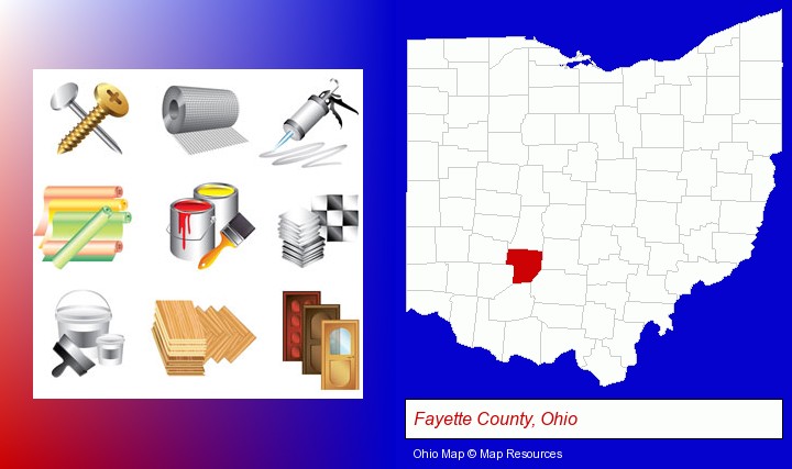representative building materials; Fayette County, Ohio highlighted in red on a map