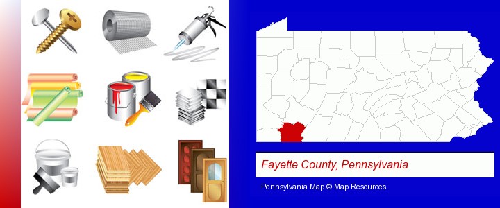 representative building materials; Fayette County, Pennsylvania highlighted in red on a map