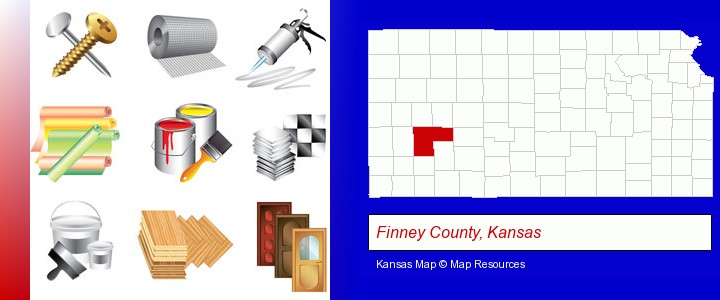 representative building materials; Finney County, Kansas highlighted in red on a map