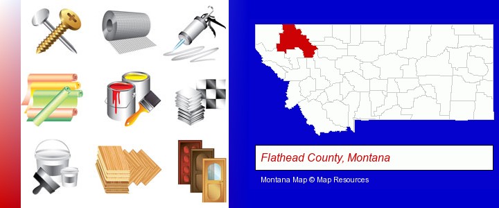 representative building materials; Flathead County, Montana highlighted in red on a map