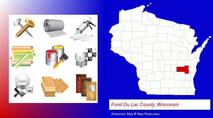 representative building materials; Fond Du Lac County, Wisconsin highlighted in red on a map