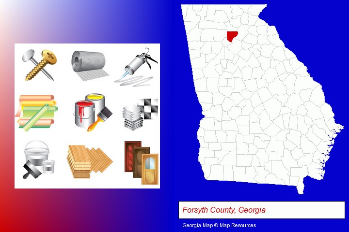representative building materials; Forsyth County, Georgia highlighted in red on a map