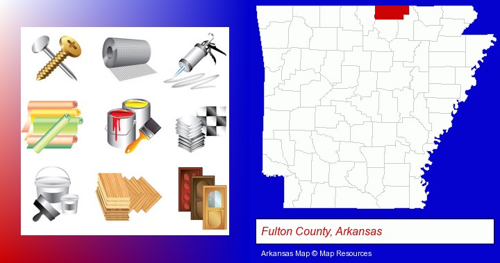 representative building materials; Fulton County, Arkansas highlighted in red on a map