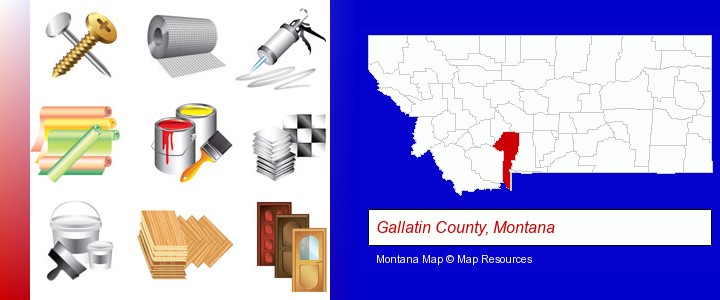 representative building materials; Gallatin County, Montana highlighted in red on a map