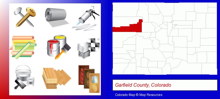 representative building materials; Garfield County, Colorado highlighted in red on a map