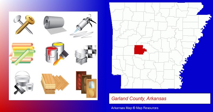 representative building materials; Garland County, Arkansas highlighted in red on a map