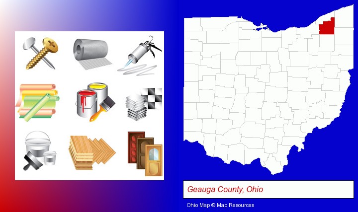 representative building materials; Geauga County, Ohio highlighted in red on a map