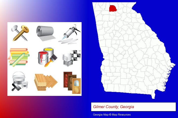 representative building materials; Gilmer County, Georgia highlighted in red on a map