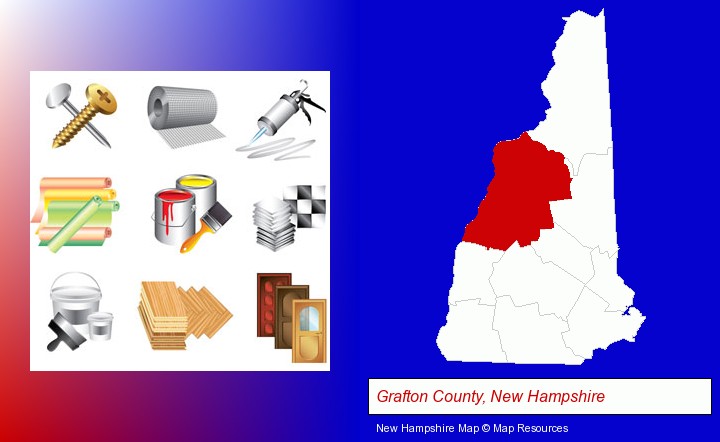 representative building materials; Grafton County, New Hampshire highlighted in red on a map