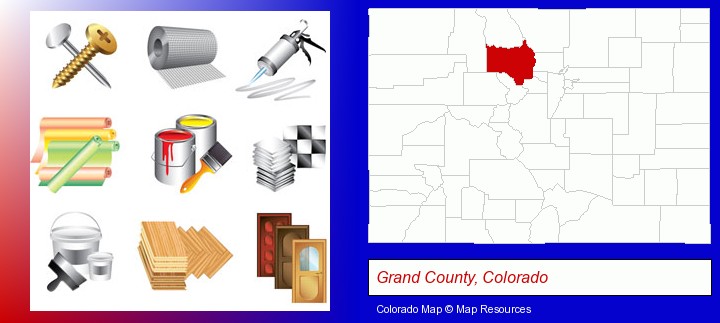 representative building materials; Grand County, Colorado highlighted in red on a map
