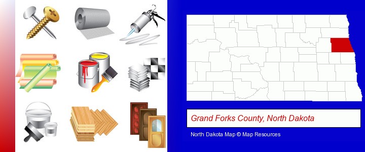 representative building materials; Grand Forks County, North Dakota highlighted in red on a map