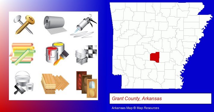 representative building materials; Grant County, Arkansas highlighted in red on a map